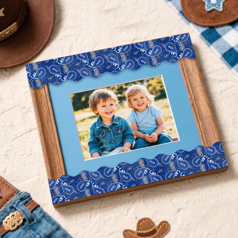 BeYumi Cowboy Bandana Border Trim - 65ft Back to School Western Themed Blue Bandana Scalloped Rolled Border Trim Wild West Themed Bulletin Board Set Classroom Office Chalkboard Wall Party Decoration - Image 4